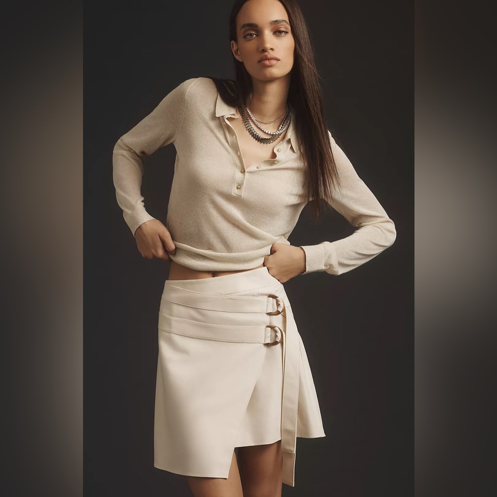Anthropologie Ivory Wrap Mini Skirt with Double Buckles